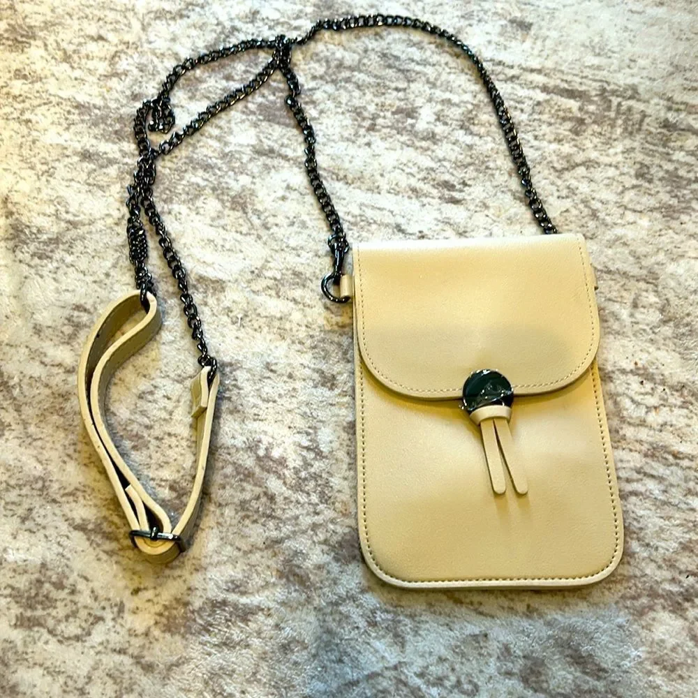 Lori Greiner in cream Save The Girls Crossbody Cell Touch Access Phone Bag NWOT